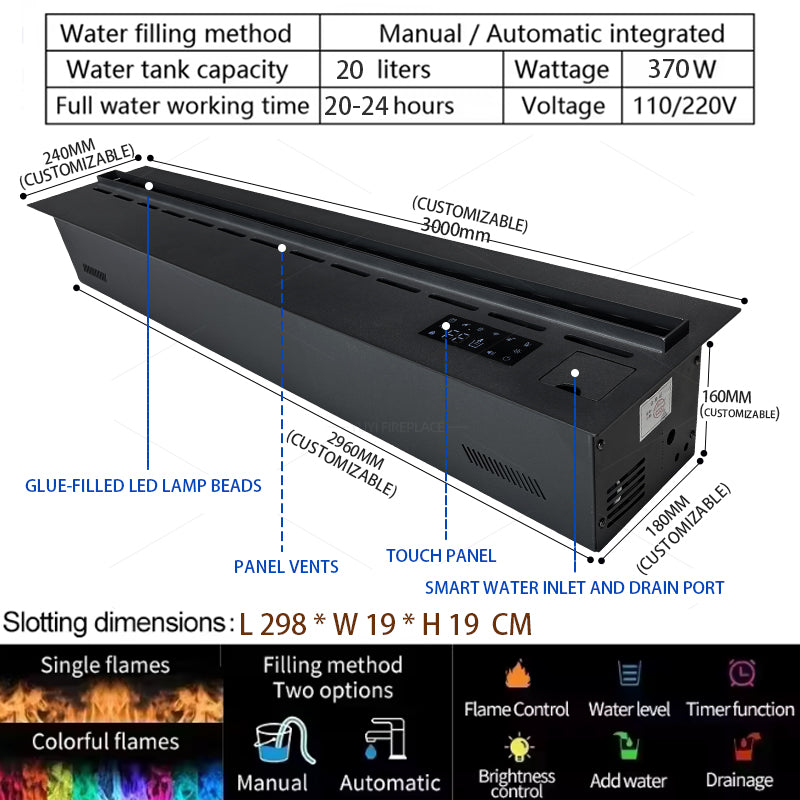 Built-In 3D Vapor Fireplace with Auto Water Supply System, App & Remote Control, Realistic Mist Flame